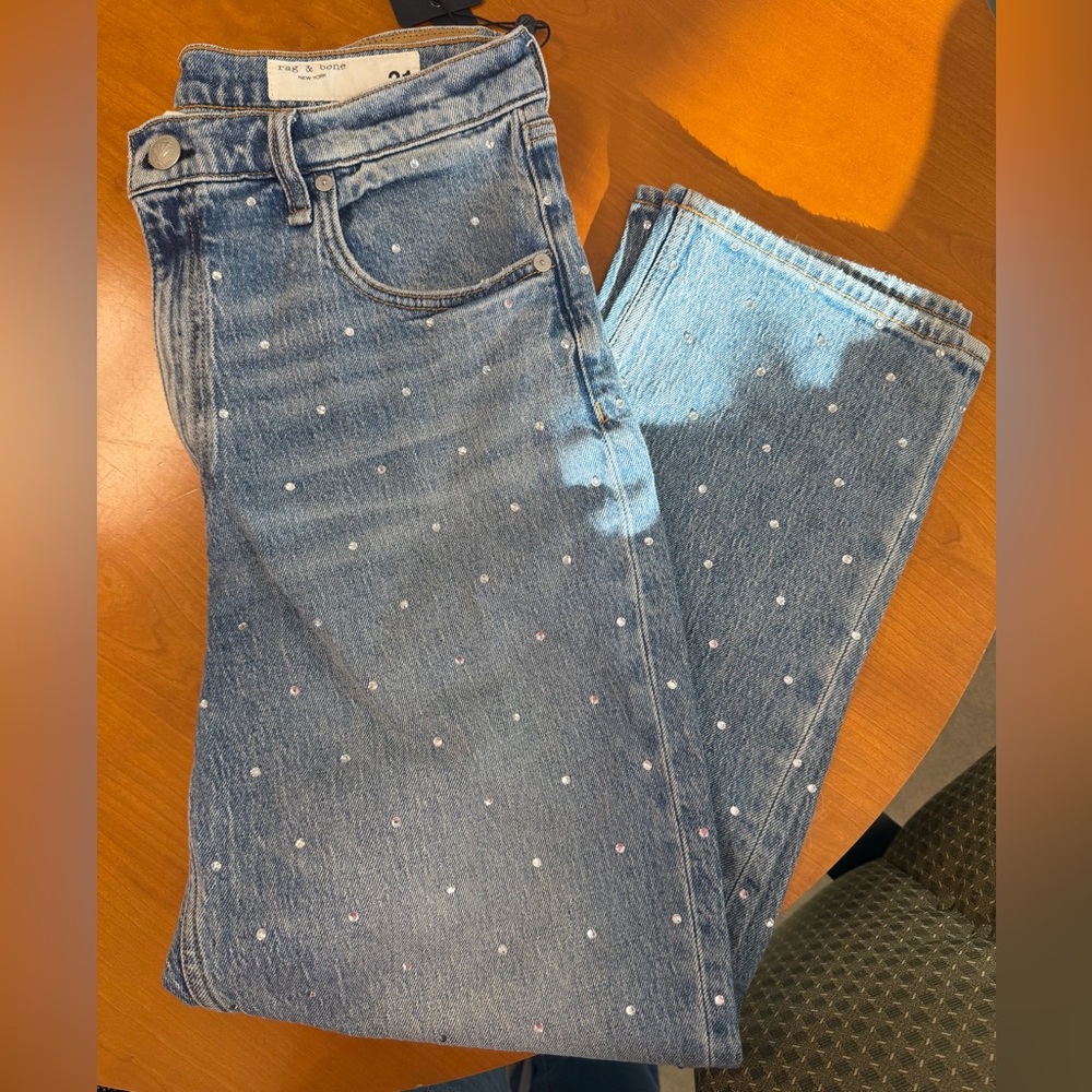 RAG & BONE JEANS HARLOW MID-RISE ANKLE STRAIGHT WITH RHINESTONES.  SIZE 31 ~NWT~